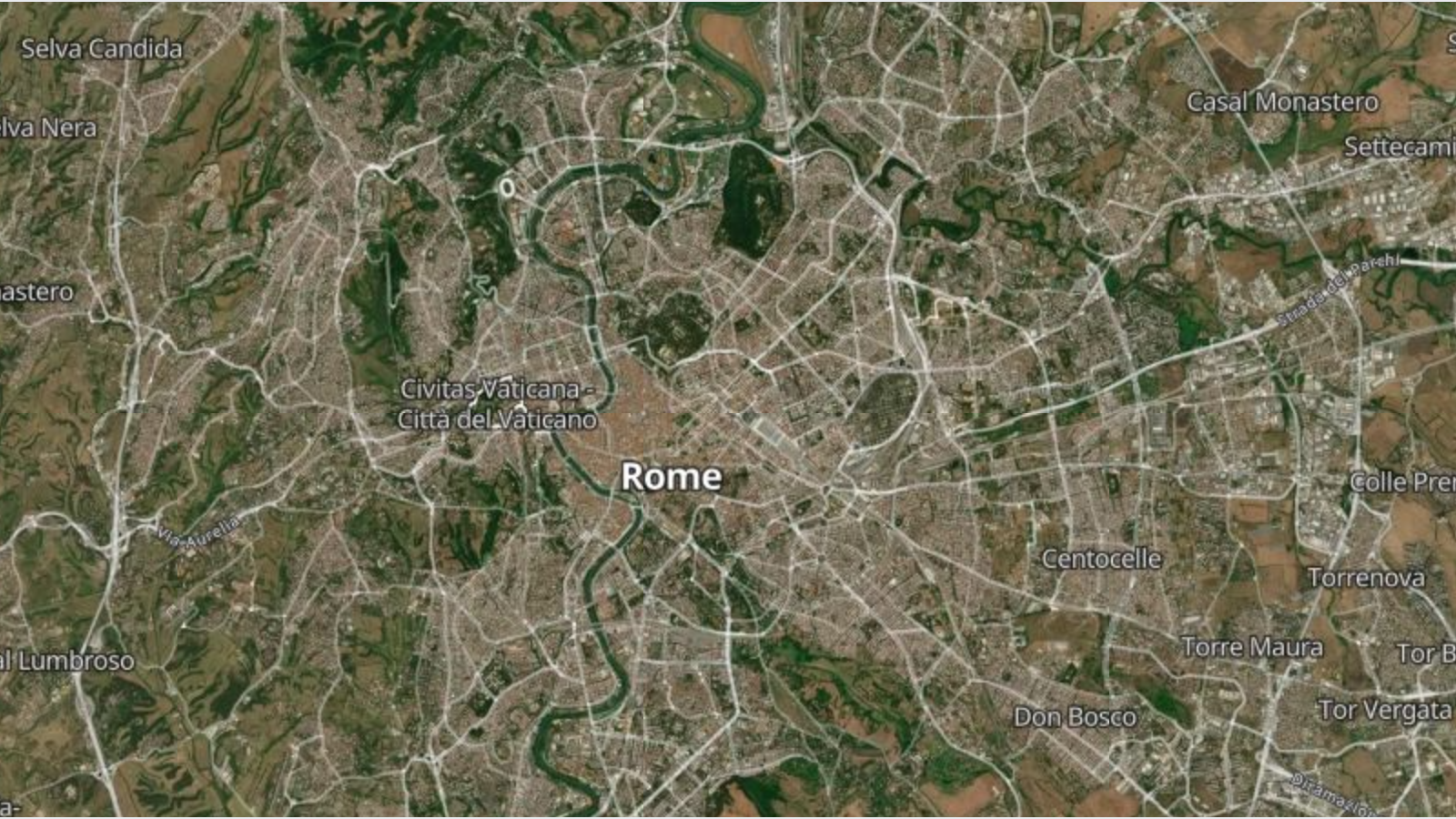 Satellite aerial view of Rome, Italy shown as a Leaflet tile layer with MapTiler imagery.