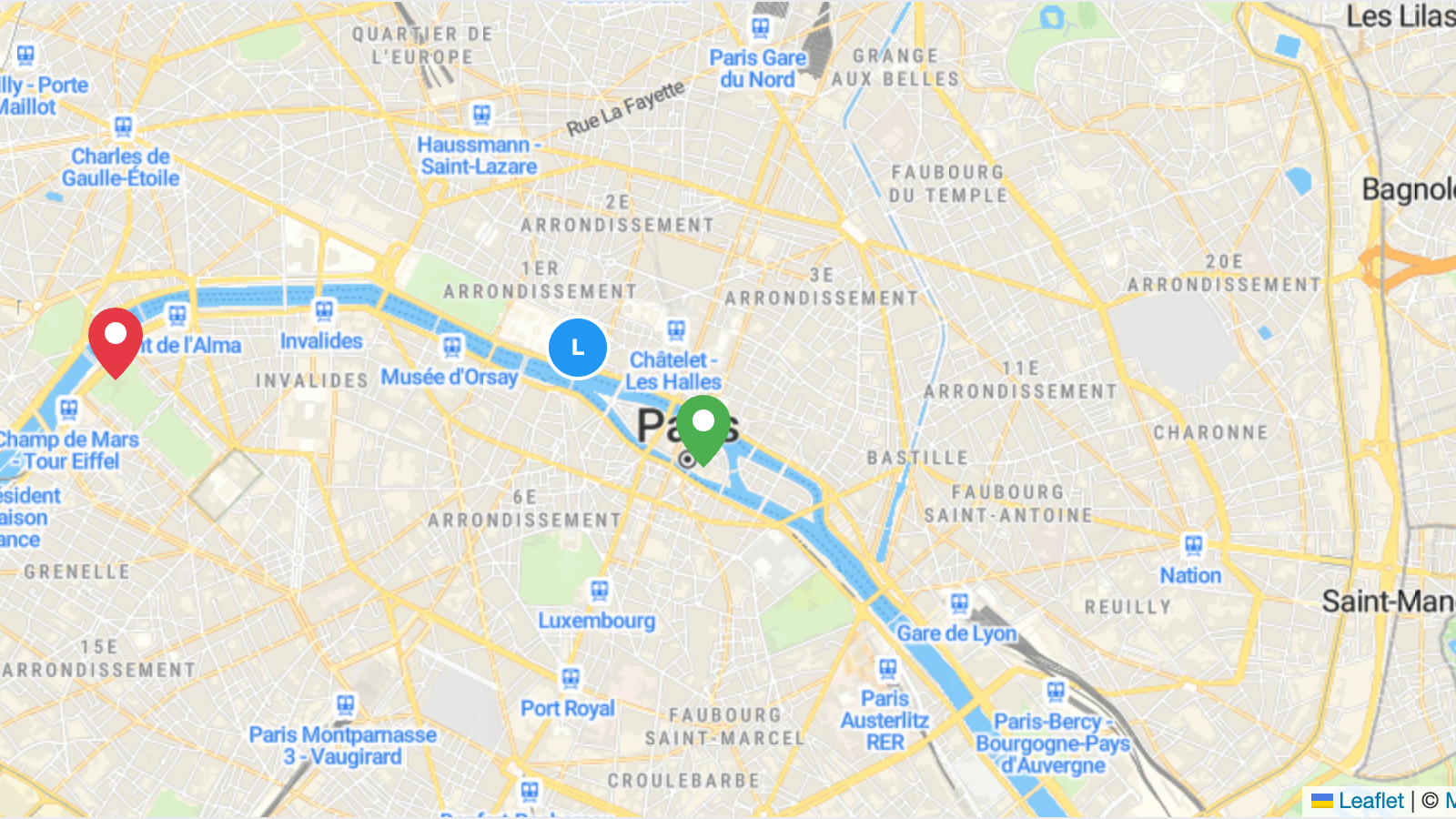 Paris map with three custom Leaflet markers: a red pin, a circular badge icon, and a teardrop marker.