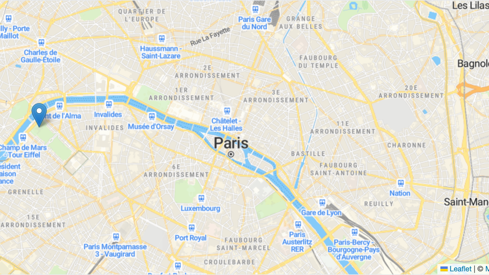 Paris map with a single marker, ready to be captured as a PNG with Leaflet and html2canvas.