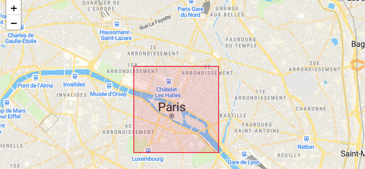 Paris map with a red rectangular geofence boundary drawn around the city center.