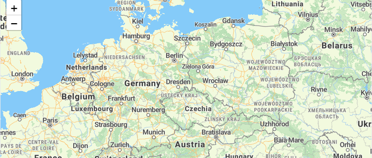 Central Europe map used to demonstrate the browser Geolocation API in Leaflet.