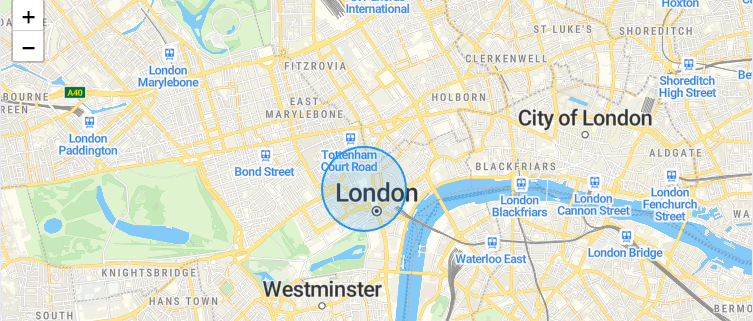 London map with a blue fuzzy-radius circle standing in for an exact location, for privacy.