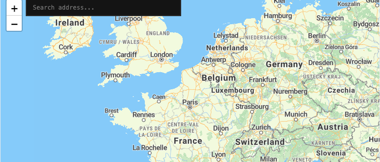Western Europe map with an address search box for forward geocoding in Leaflet.