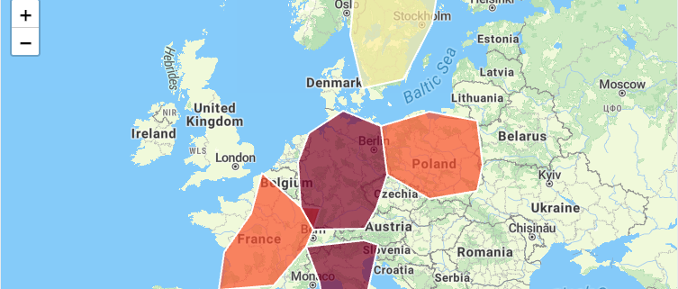 Central Europe choropleth map coloring Germany, Poland, and France by value in Leaflet.