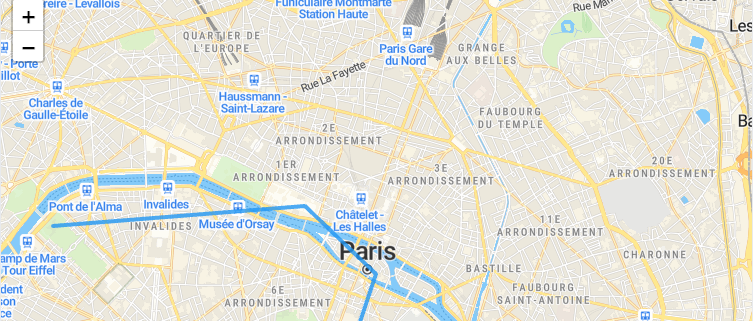 Paris map with a blue polyline connecting the Eiffel Tower area to the city center.