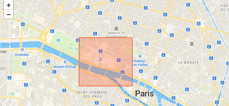 Paris map with a filled red polygon drawn over the Louvre and Chatelet area.