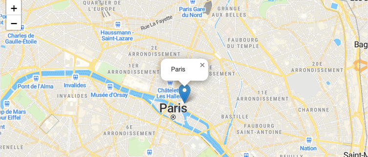 Leaflet map centered on Paris with a marker and popup, loaded with MapTiler tiles.