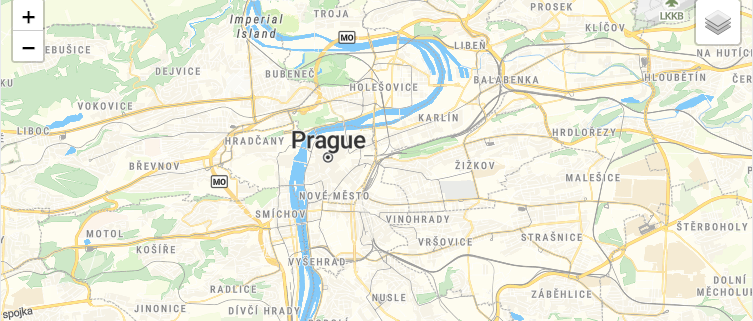Prague map with a layer switcher for changing MapTiler tile styles in Leaflet.
