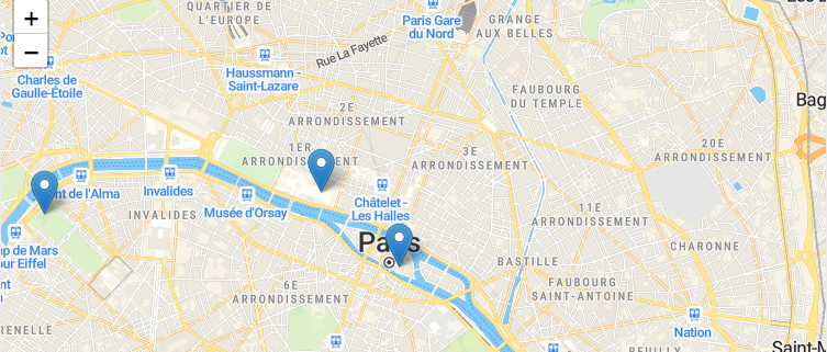 Paris map with two Leaflet markers and popups placed near the Seine.