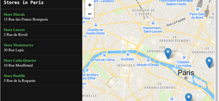 Paris store locator with a sidebar list of five shops and matching map markers in Leaflet.