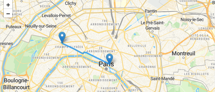Paris map with a driving route drawn between two points using the OSRM API and Leaflet.