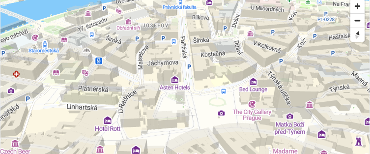 3D extruded buildings in Prague's old town rendered with MapLibre GL JS.