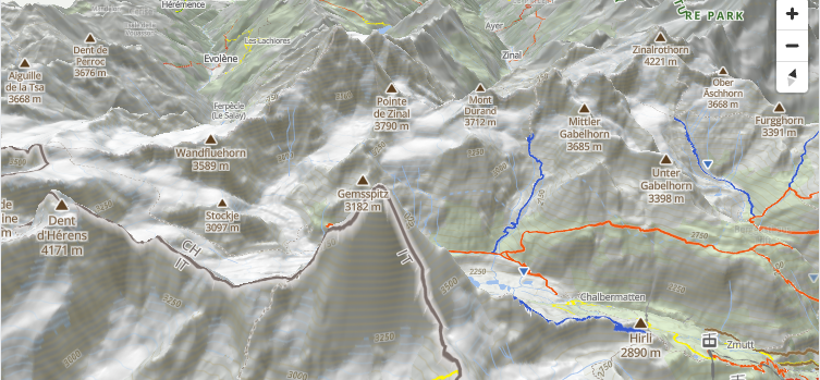 3D terrain of the Alps near Zinal, Switzerland, rendered with MapLibre GL JS.