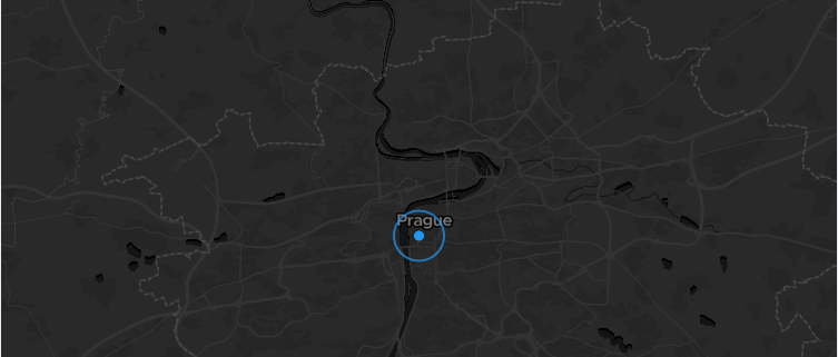 Prague map on a dark style with an animated pulsing circle layer in MapLibre GL JS.