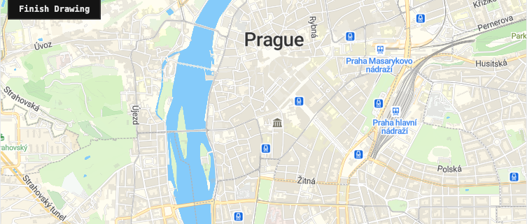 Prague map with a Finish Drawing control for sketching polygons in MapLibre GL JS.