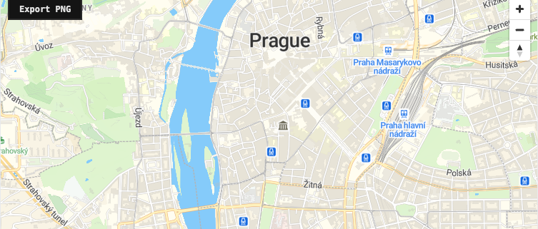 Prague map with an Export PNG button for saving the MapLibre GL JS canvas as an image.