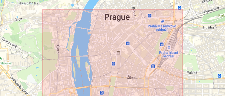 Prague map with a red rectangular geofence boundary drawn over the city.
