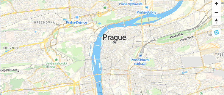 Prague map used to demonstrate the built-in GeolocateControl in MapLibre GL JS.