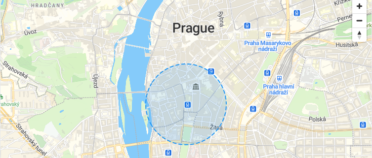 Prague map with a dashed blue circle standing in for an exact location, for privacy.