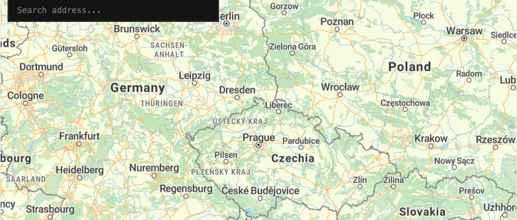 Central Europe map with an address search box for forward geocoding in MapLibre GL JS.