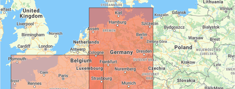 Western Europe choropleth map coloring the UK, France, and Germany by value in MapLibre GL JS.