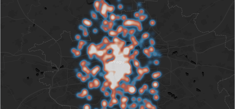 Prague map on a dark style with a native heatmap layer visualizing point density.