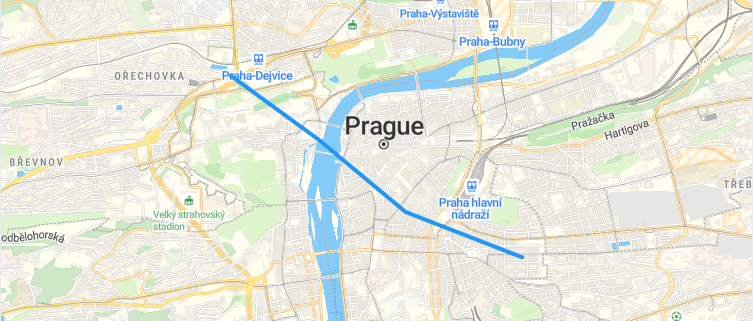 Prague map with a blue line connecting two points across the city in MapLibre GL JS.
