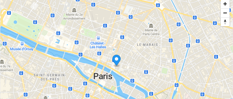 MapLibre GL JS map centered on Paris with a marker, loaded with MapTiler vector tiles.