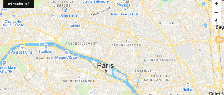 Paris map showing the active MapTiler vector style name for runtime style switching.
