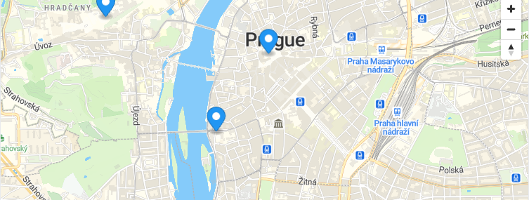 Prague map with two MapLibre GL JS markers and popups.