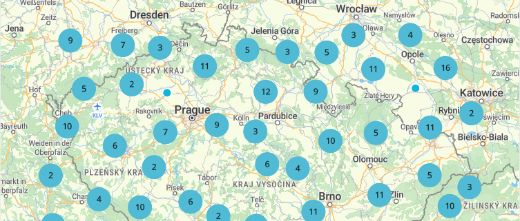 Czechia map with markers grouped into numbered clusters using MapLibre GL JS's built-in clustering.