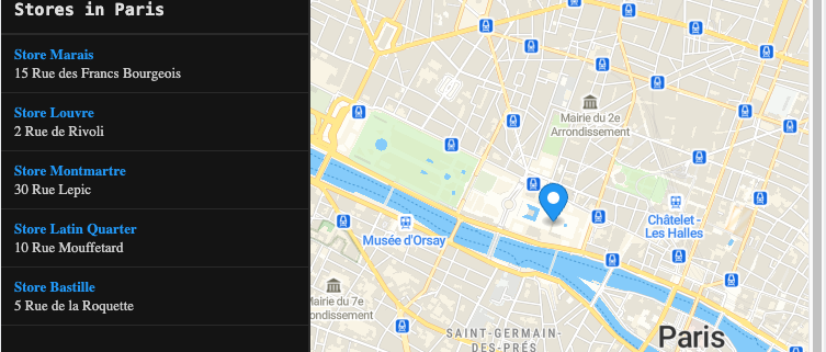 Paris store locator with a sidebar list of shops and a matching map marker in MapLibre GL JS.