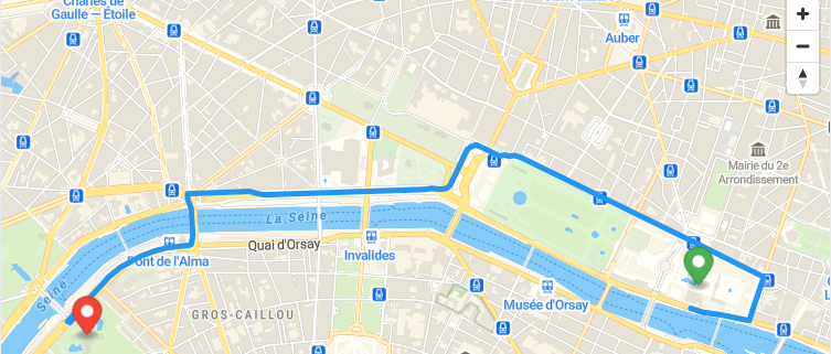 Paris map with a driving route traced along the Seine using the OSRM API and MapLibre GL JS.