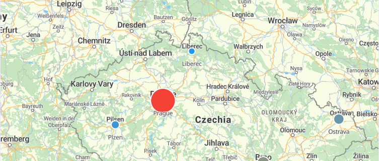 Czechia map with circles sized and colored by data value using MapLibre style expressions.