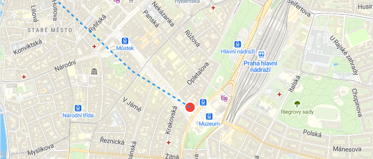Prague map with a simulated moving marker following a path in MapLibre GL JS.