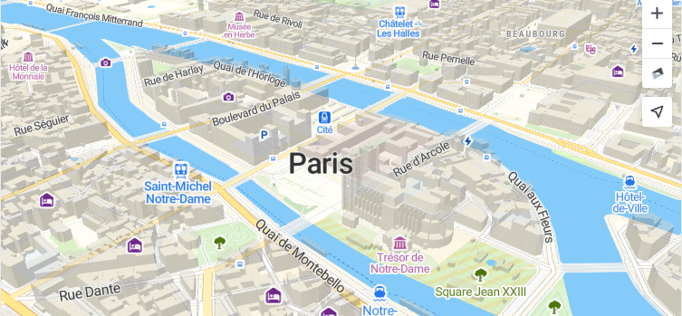 3D extruded buildings around Notre-Dame in Paris rendered with MapTiler SDK.