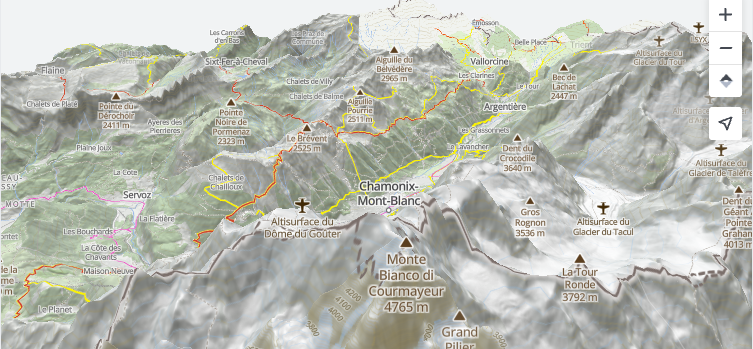 3D terrain of the Mont Blanc massif near Chamonix rendered with MapTiler SDK.
