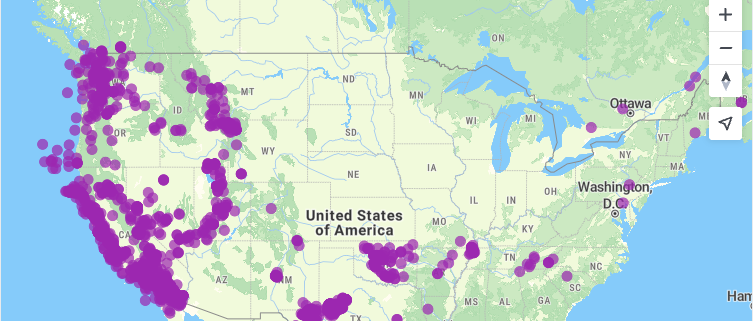 United States West Coast map with hundreds of animated data points rendered with MapTiler SDK.