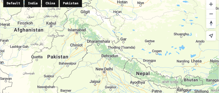 South Asia map with Default, India, China, and Pakistan buttons for viewing disputed border claims in MapTiler SDK.