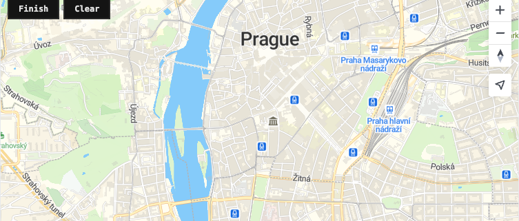 Prague map with Finish and Clear controls for drawing polygons in MapTiler SDK.