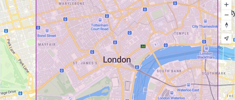 London map with a purple rectangular geofence boundary drawn over the city in MapTiler SDK.