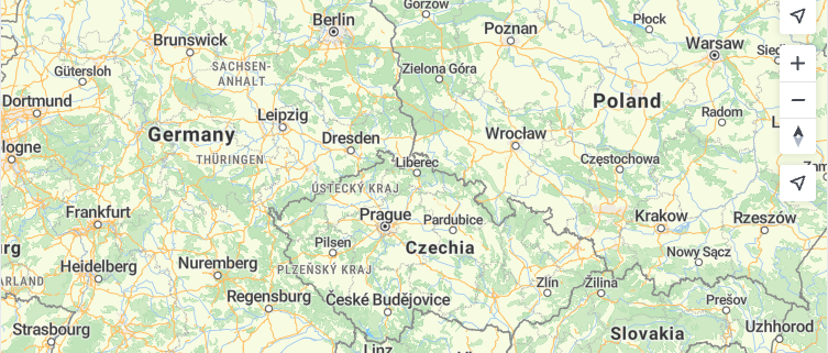 Central Europe map used to demonstrate the built-in GeolocateControl in MapTiler SDK.