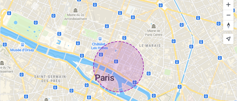 Paris map with a dashed circle standing in for an exact location, for privacy, in MapTiler SDK.