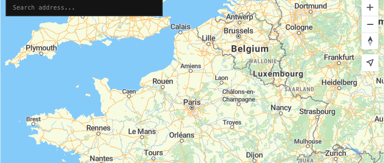 Northern France and Belgium map with an address search box for MapTiler SDK geocoding.