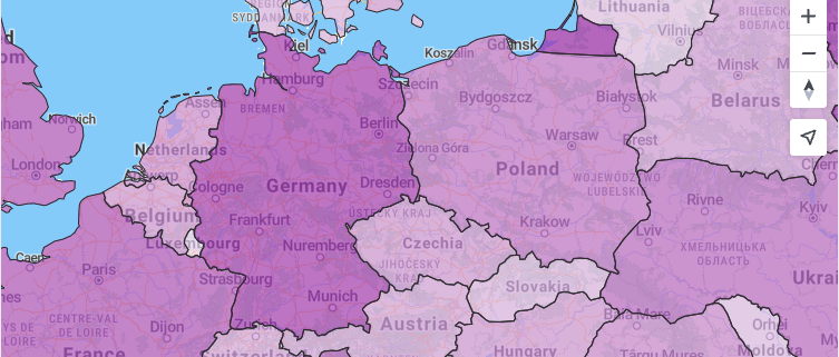 Central Europe choropleth map coloring countries by value using MapTiler SDK fill layers.