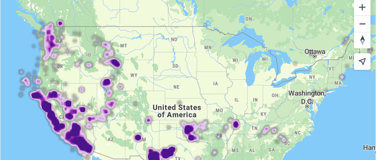 United States West Coast map with a purple heatmap layer visualizing point density in MapTiler SDK.