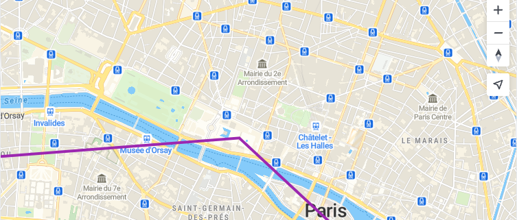 Paris map with a line connecting Musee d'Orsay to the city center in MapTiler SDK.