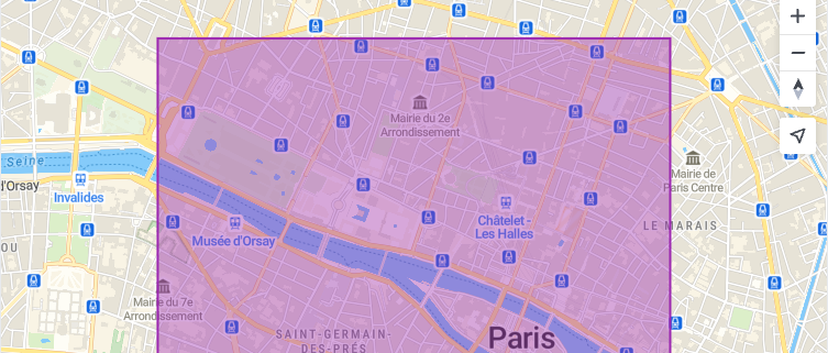Paris map with a filled purple polygon area drawn using MapTiler SDK.