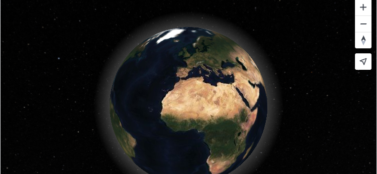 3D globe view of Earth centered on Europe and Africa against a starfield, rendered with MapTiler SDK.