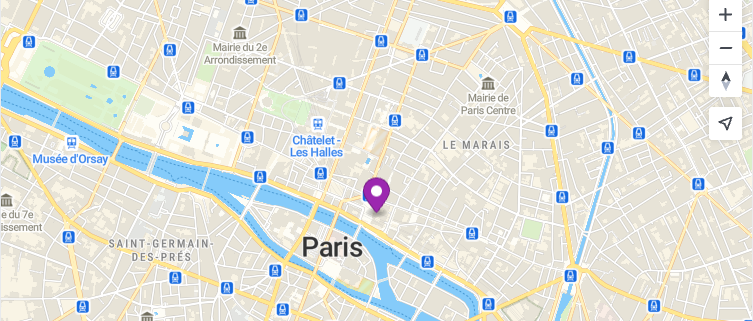 MapTiler SDK map centered on Paris with a marker, using built-in MapTiler cloud tiles.